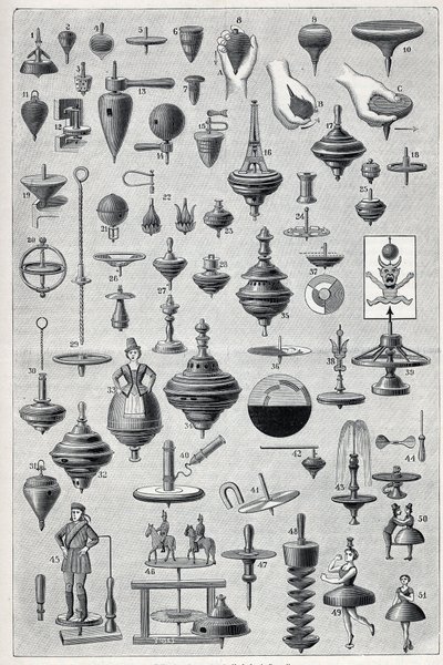 Tallrik som visar en samling spinnare med olika former och rotationssystem. Gravyr i "" La Nature"" av Unknown artist