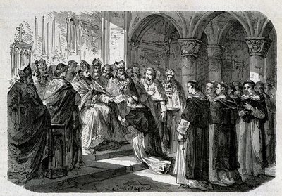 Påven Adrien II (792-872) överlämnade till en av sina legater en bubbla av bannlysning mot Lord Normand. Gravyr - i "" Påvarnas historia"", sd. 1800-talet. av Unknown artist