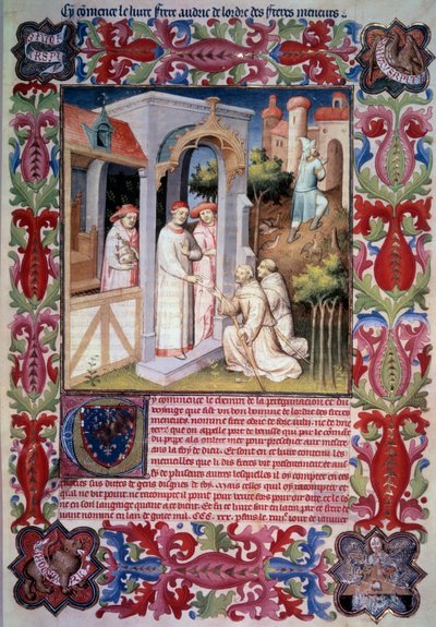 Påven Johannes XXII anförtror Odoric av Pordenone (franciskansk) uppdraget att evangelisera Overseas Sea. Män som leder rapphöns till Trabzon. Vapen och emblem av Jean Without Fears. Jean de Berrys vapen. Miniatyr i "" Itinerarium. Underverkens bok”, av Unknown artist