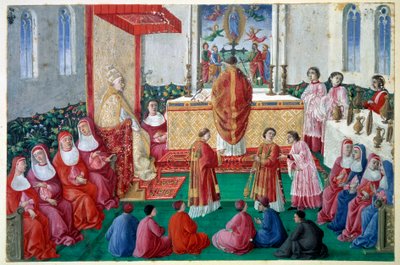 Påven Sixtus IV (1414-1484) deltar i mässan i Sixtinska kapellet vid Vatikanens miniatyrdecoupé på 1400-talet. Sön 0,1x0,16 m Chantilly, musée Conde av Unknown artist