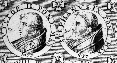 Påvarna Victor II (eller Victor 2 död 1057) och Stefan IX (eller Stefanus 9 död 1058). Gravyr av 1700-talet. av Unknown artist
