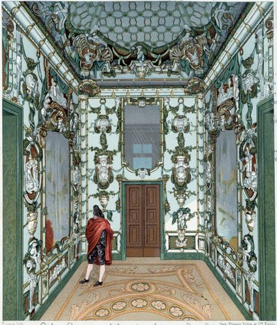 Porslinssalong i det kungliga palatset i Madrid. 1700-talsgravyr. Paris, Dekorativ konst av Unknown artist