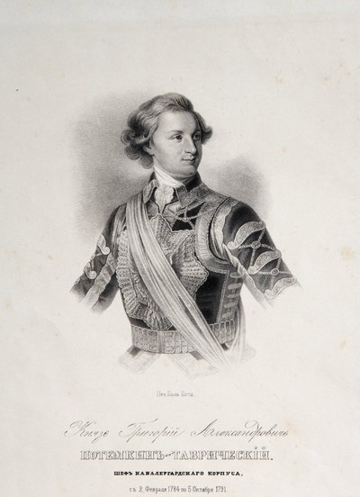 Porträtt av Grigory Aleksandrovich Potemkin eller Potiomkin (Prins Grigory Aleksandrovich Potemkin-Tavricheski (Potemkin Tavricheski) (1739-1791), rysk soldat och regeringsman - gravyr från slutet av 1700-talet av Unknown artist