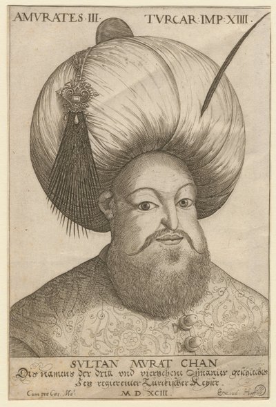 Porträtt av Mourad III (1546-1595), sultan ottoman - Murad III (1546-1595), Sultan av det osmanska riket - Anonym - 1593 - Etsning - 18,5x12,3 - Privat samling av Unknown artist