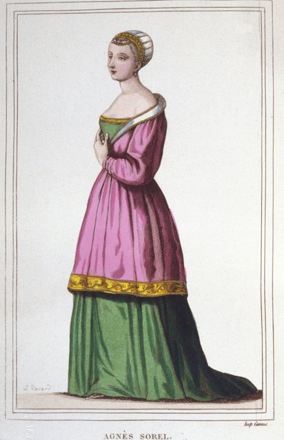Porträtt av Agnes Sorel (1422-1450) (Lady of Beaute sur Marne) (Beaute-sur-Marne). Favorit hos kung Karl VII. gravyr från 1830 av Unknown artist