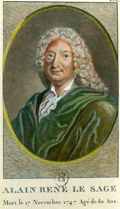 Porträtt av Alain Rene Lesage (Alain-Rene Le Sage) (1668-1747) fransk författare. Gravyr av 1700-talet. Privat samling av Unknown artist