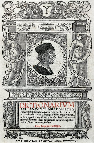 Porträtt av Antonio Martinez de Cala sa Antonio de Nebrija (1441-1522) spansk humanist och grammatiker. Guardpage av hans ordbok, publicerad 1536. National Library of Madrid. av Unknown artist