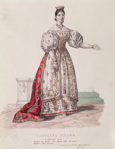 Porträtt av Caroline Ungher (Unger) som uppträder i I Normanni a Parigi (gravyr) av Unknown artist
