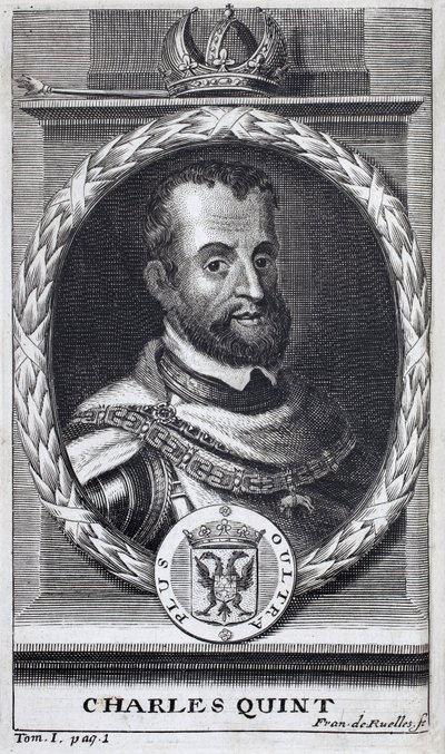Porträtt av Karl V (1500-1558), kung av Spanien och spanska Amerika, kung av Sicilien och kejsare av det heliga romerska riket germansk (1519-1556). Gravyr för att illustrera "History of the War of Flanders", av Flamianus Strada, upplagan Joseph T