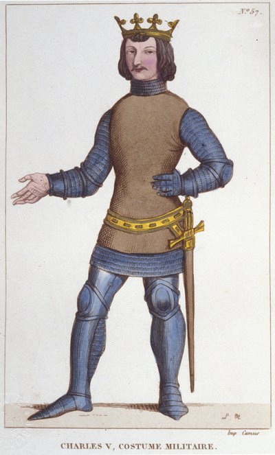 Porträtt av Karl V den vise i militärdräkt (1338 - 1380). gravyr från 1830 av Unknown artist