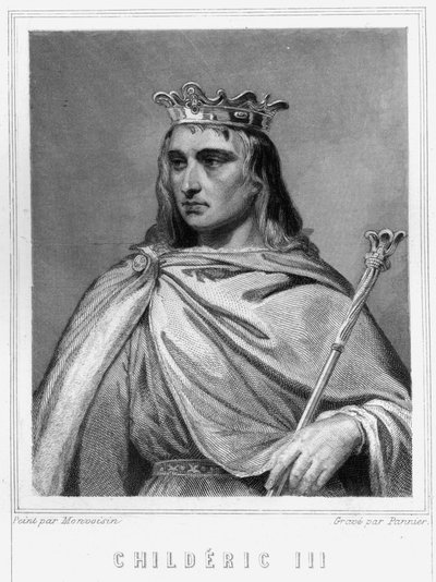 Porträtt av Chilperic II (? - 755), frankernas kung, den första av karolingerna - i "Histoire des Francais" av Lavallee, gravyr, sd. av Unknown artist