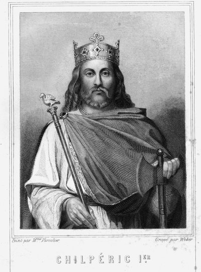 Porträtt av Chilperic I (539 - 584), kung av Neustrien - i "Histoire des Français"" av Lavallée, gravyr, sd. av Unknown artist