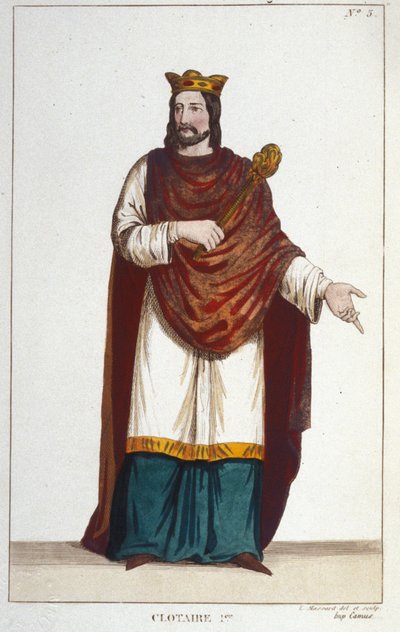 Porträtt av Clotaire (Clothaire) I (497 - 561), kung av Neustrien och kung av frankerna. gravyr från 1830 av Unknown artist