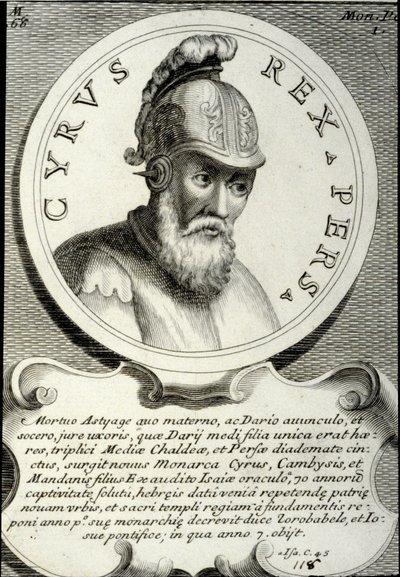 Porträtt av Cyrus II (ca 559-529 f.Kr.) kallad Cyrus den store, grundaren av det persiska riket. Gravyr av 1700-talets privatsamling av Unknown artist