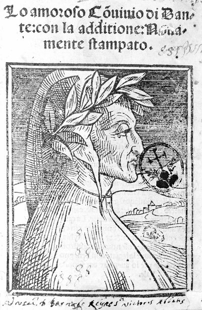 Porträtt av Dante Alighieri (1265 - 1321), italiensk poet. Frontispice av "" Il Convivio "" av Unknown artist