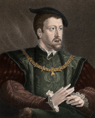 Porträtt av kejsar Karl V (1500-1558) med halsbandet av Guldfleeceorden - Karl V (1500-1558) bär kedjan av Guldfleeceorden runt halsen - gravyr - 1800-talet av Unknown artist