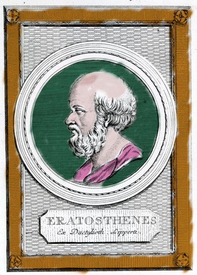 Porträtt av Eratosthene av Cyrene (ca 284 f.Kr. - 194 f.Kr.), grekisk vetenskapsman, geograf och poet. Han var chef för biblioteket i Alexandria och beräknade måttet på den jordiska meridianen. Porträtt av efteråt: "Galleria degli antichi greci e romani" av Unknown artist