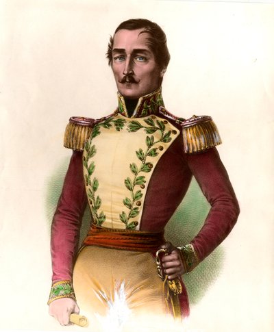 Porträtt av general Santander (Francisco de Paula) (1782-1840), colombiansk militär och statsman, hjältar från 1819 års självständighet. Gravyr från 1836 privatsamling av Unknown artist