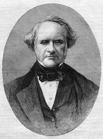 Porträtt av George Peabody (1795-1869) entreprenör och filantrop grundare av Peabody Institute Conservatory vid Johns Hopkins University i Maryland, USA. Gravyr i "" The Illustrious Universe"" av Unknown artist