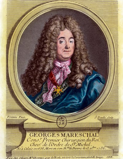 Porträtt av Georges Marechal (1658 - 1736), kungens förste kirurg från 1703 - 1719. Gravyr från 1700-talet. Privat samling. av Unknown artist