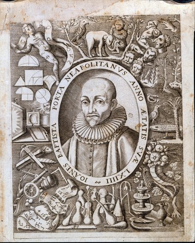 Porträtt av Giambattista (Johannes Döparen, Johannes Döparen) della Porta (1535 - 1615) på framsidan av "Magiae Naturalis". 1600-talet. av Unknown artist