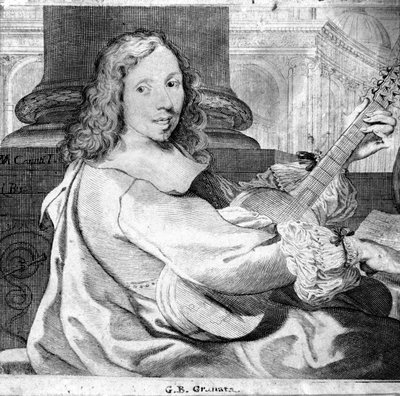 Porträtt av Giovanni Battista Granata (1620 / 21-1687) italiensk gitarrist och kompositör Gravyr. Bologna, medborgarmuseum för musik av Unknown artist