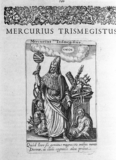 Porträtt av Hermes Trimigist (Trismegiste) (Trismegistus), astrolog, idealiskt porträtt från en avhandling av Jacques Boissard "De Divinatione et Magicis" 1605 av Unknown artist