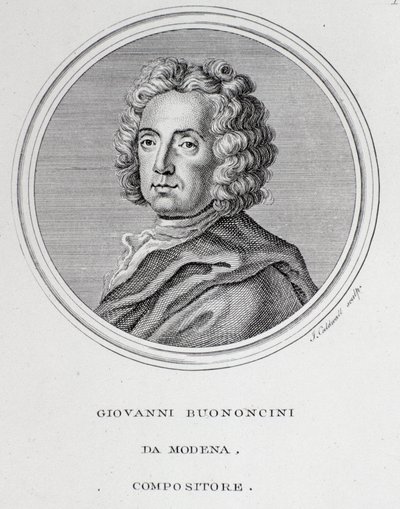 Porträtt av den italienska barockkompositören och cellisten Giovanni Battista Bononcini (1670-1747) Gravyr. 1700-talet. Bologna, civilt bibliografiskt museum av Unknown artist