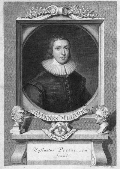 Porträtt av John Milton, engelsk poet och essäist (1608 - 1674) gravyr från 1700-talet av Unknown artist