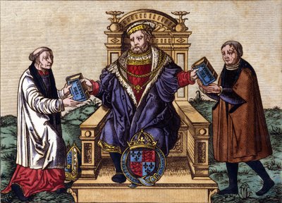 Porträtt av kung Henrik VIII av England (1491 - 1547) på sin tron och sänder ut Bibeln till två hovmän. Färgläggning gravyr. av Unknown artist