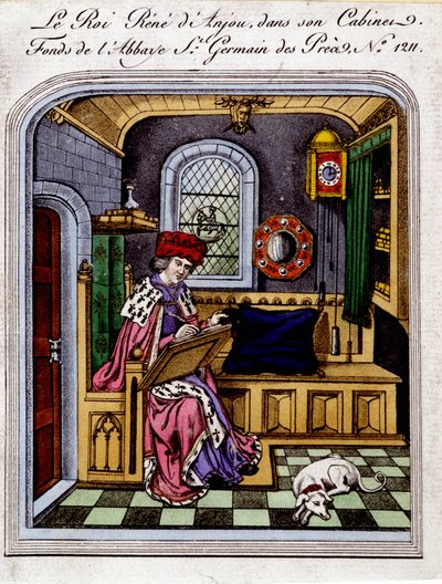 Porträtt av kung René av Anjou (1409-1480)”” kallar också René I av Neapel eller René av Sicilien, i sitt kabinett - gravyr efter en miniatyr av Unknown artist