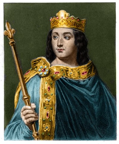 Porträtt av Louis V le Faineant (967 - 987), kung av Frankrike - i "Histoire des Francais" "av Lavallee, gravyr, sd. av Unknown artist