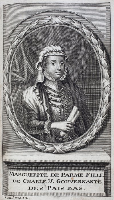 Porträtt av Margarita av Parma (eller Margarita av Österrike) (1522-1586), hertiginna av Parma och Piacenza, naturlig dotter till Karl V (1500-1558) och guvernant i Nederländerna (Nederländerna) från 1559-1581. Gravyr för att illustrera "History of the War av Unknown artist