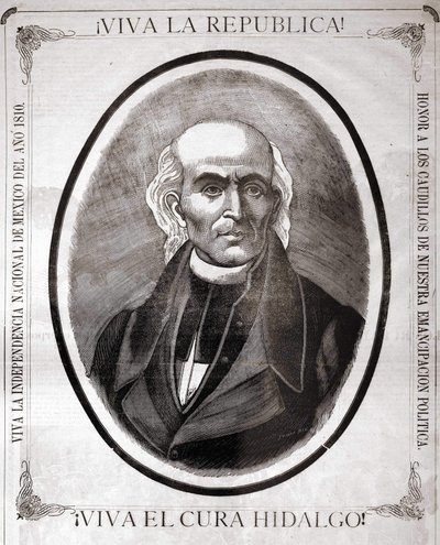 Porträtt av Miguel Hidalgo y Costilla (1753 - 1811), mexikansk präst (1810 utropade han sitt lands självständighet). Gravyr gjord till hans ära i slutet av 1800-talet. av Unknown artist