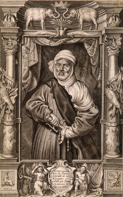 Porträtt av Muley Hazen (morisk kung), kung av Thunes fråntagen sitt rike och återställd av kejsar Karl V, Tunisien 1535. av Unknown artist