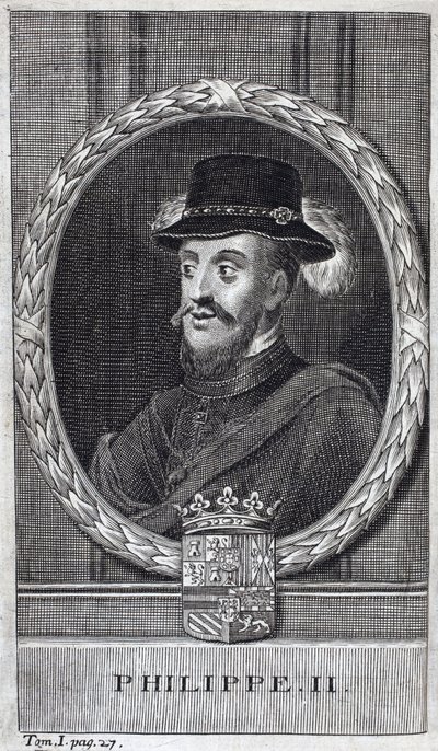 Porträtt av Filip II av Spanien (Felipe) (1527-1598), kung av Spanien och Portugal. Gravyr för att illustrera "History of the War of Flanders", av Flamianus Strada, upplagan Joseph T