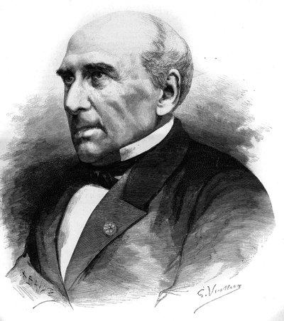 Porträtt av Pierre Guillaume Frederic Le Play (Pierre-Guillaume-Frederic) (1806-1882), fransk ingenjör och sociolog. Gravyr i "" Le Monde Illustré"" nr 1306 av den 8 april 1882. av Unknown artist