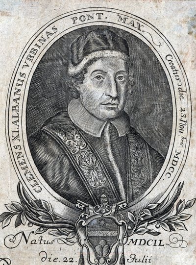 Porträtt av påven Clemens XI (Gianfrancesco Albani) (1649 - 1721), 241:e påven. 1700-talsgravyr av Unknown artist