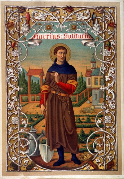 Porträtt av Saint Fiacre (gardner, eremitage nära Meaux), bok a.n.d. 1800-talet. av Unknown artist