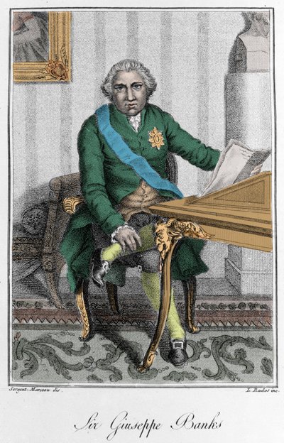 Porträtt av Sir Joseph Banks (1743-1820), engelsk upptäcktsresande och naturforskare. Färggravyr av Unknown artist