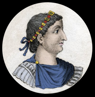 Porträtt av Theodosius I (Flavius Theodosius) (347-395), romersk kejsare, gravyr från 1800-talet. av Unknown artist