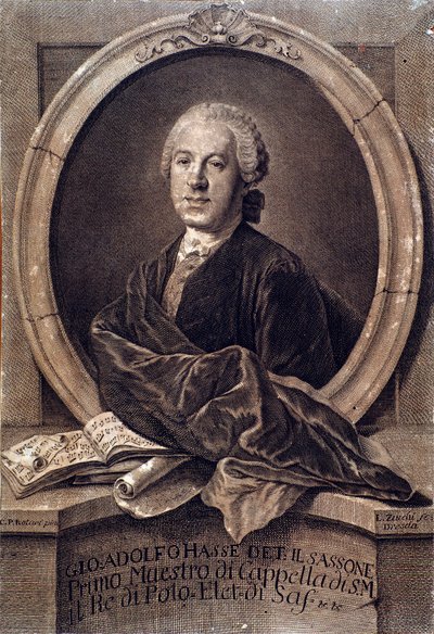 Porträtt av den engelske kompositören Johann Adolf Hasse (1699-1783) Gravyr. 1700-talet. Bologna, civico museo musico av Unknown artist