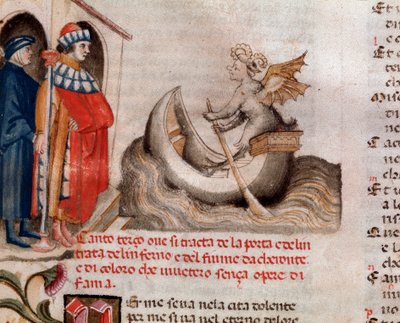 Porträtt av den italienska poeten Dante Alighieri tittar på Charon sin båt som korsar Acheron med själarna (sång 3 från helvetet, i den gudomliga komedin) - miniatyr 1400-talet av Unknown artist