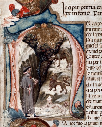Porträtt av den italienska poeten Dante Alighieri med bestar - miniatyr av Unknown artist