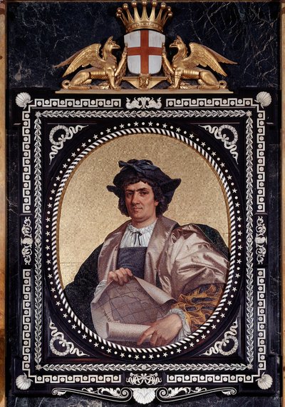 Porträtt av den italienske navigatören Christopher Columbus (Christopher Columbus, Cristoforo Colombo, Cristobal Colon) (1451-1506) Mosaique av Unknown artist