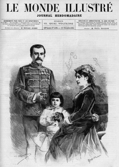 Porträtt av kungen av Serbien Milan I (Milan Obrenovich) (1854-1901), det är omgivet av drottning Nathalie och hennes arvtagare till tronprinsen Alexander, i "The Illustrous World 1885"". av Unknown artist