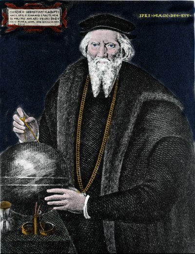 Porträtt av navigatören Sebastiano Caboto (Sebastien Cabot) (1476 - 1557), som tillsammans med sin far upptäckte Labrador och Newfoundland. Gravyr. av Unknown artist