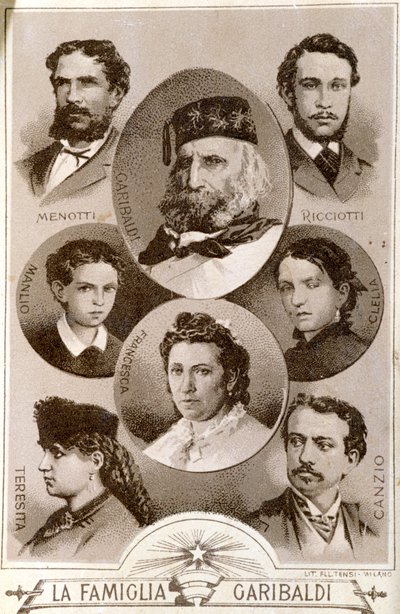Porträtt av Giuseppe Garibaldi (1807-1882) och medlemmar av hans familj: Menotti, Ricciotti och Teresita, son till Anita; Stephen Canzio, fru till Teresa; Francesca Armosino, tredje fru till och deras barn figli Clel av Unknown artist