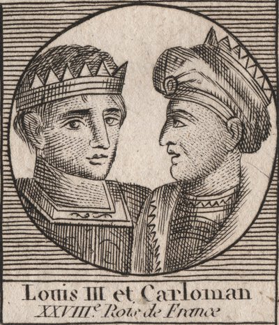 Porträtt av Ludvig III (863/65-882) francens kung mellan 879 och 882 och Carloman II (866-884), frankernas kung från 879 till 884 - Ludvig II, kung av Västfrankien och Carloman II, kung av västra Frankrike Francia - gravyr från "Instruction sur l