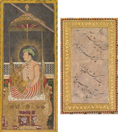Postumt porträtt av kejsar Jahangir under en baldakin (recto); Kalligrafi (verso) av Unknown artist